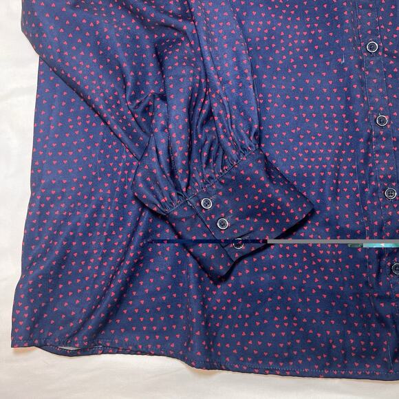 ModCloth Blouse Plus Size 3X Navy Blue Red Hearts AOP Long Sleeve Silky Button - Picture 3 of 16
